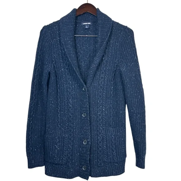 Lands’ End Classic Chunky Knit Wool Blend Button Front Cardigan Size Small - Picture 2 of 9
